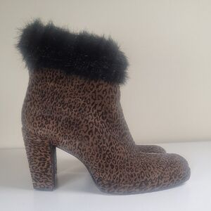 Charles Jourdan Vintage Faux Fur Trim Leopard Print Side Zip Ankle Booties